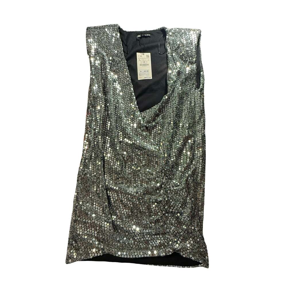 Zara Sleeveless Draped Sequin Mini Dress in Silver